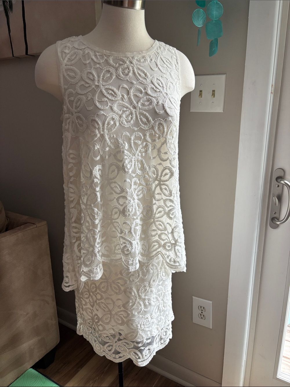 Max Studio White Lace Overlay Shift Dress